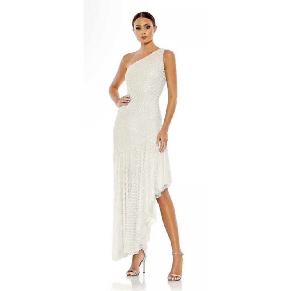 Mac Duggal One Shoulder Pearl Sequin Asymmetrical Hem White Dress Size 2